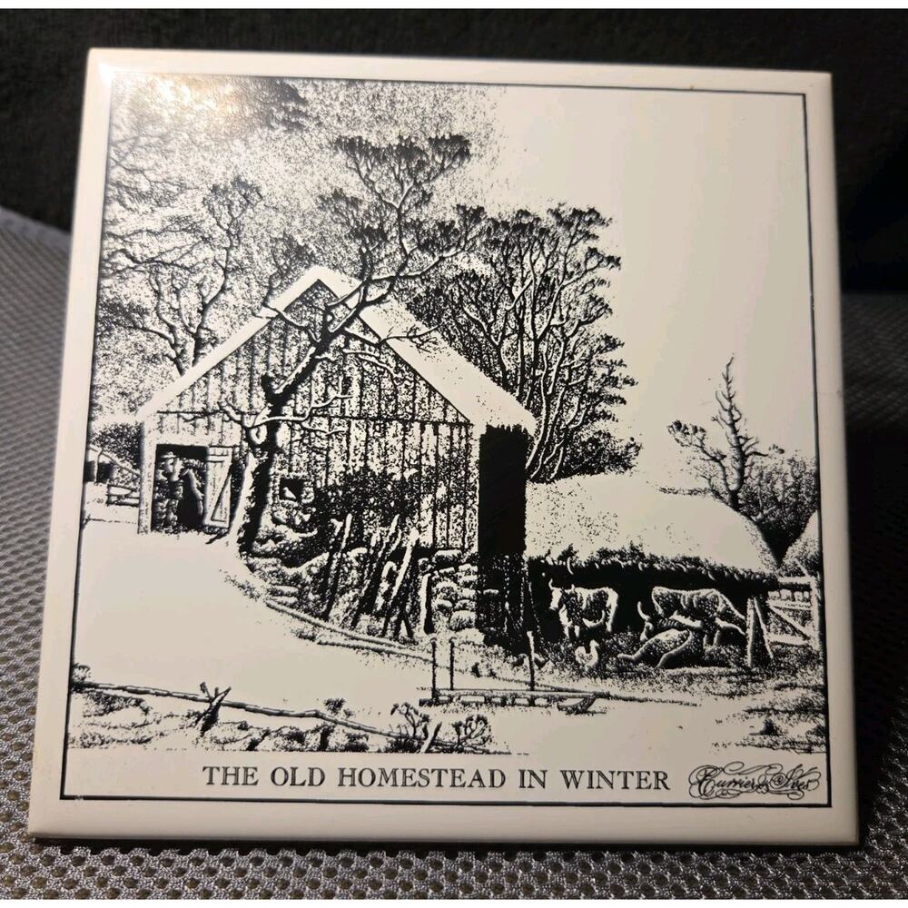 Currier and Ives Art Tile Wall Trivet Americana Winter Scene The Old Homestead - Picture 2 of 4